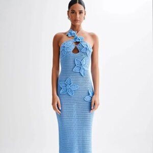 Meshki Floral Crochet Maxi Dress Cornflower Blue